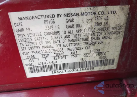 2006 Nissan Altima 2.5 S z USA, uszkodzony, nr VIN 1N4AL11D36C264068